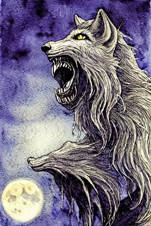 Image similar to one detailed werewolf howling at the moon, art by luis royo and walter crane and kay nielsen, watercolor illustration, ultra sharp focus, wot