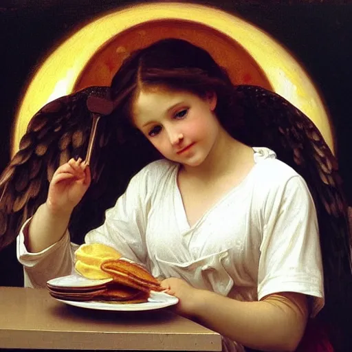 Prompt: an oil painting of an angel inside McDonald's eating pancakes, by Bouguereau, highly realistic and intricate