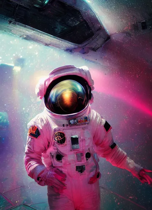 Image similar to complex poster art by craig mullins astronaut in futuristic pink and empty spaceship underwater. infrared glowing lights. complex and hyperdetailed technical suit. reflection and dispersion materials. rays and dispersion of light. volumetric light. 5 0 mm, f / 3 2. noise film photo. flash photography. unreal engine 4, octane render. interstellar movie poster