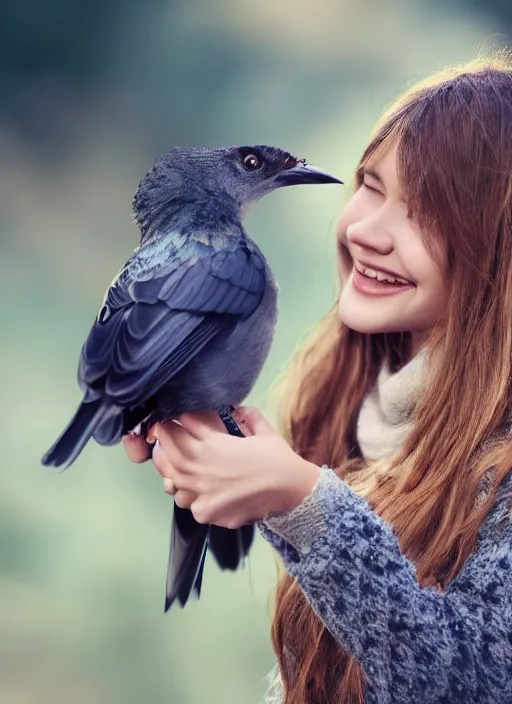 Prompt: a beautiful detailed portrait photo of a girl excited while holding hands with a bird with a, realistic, f 8, 4 k hd wallpaper