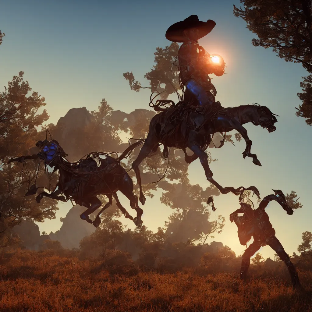 Image similar to octane render by laurie greasley and asher brown durand, a cowboy wearing a full - body iridescent suit and cowboy hat inside a scenic western landscape, cinema 4 d, 8 k, volumetric lighting and shadows, ray tracing lighting