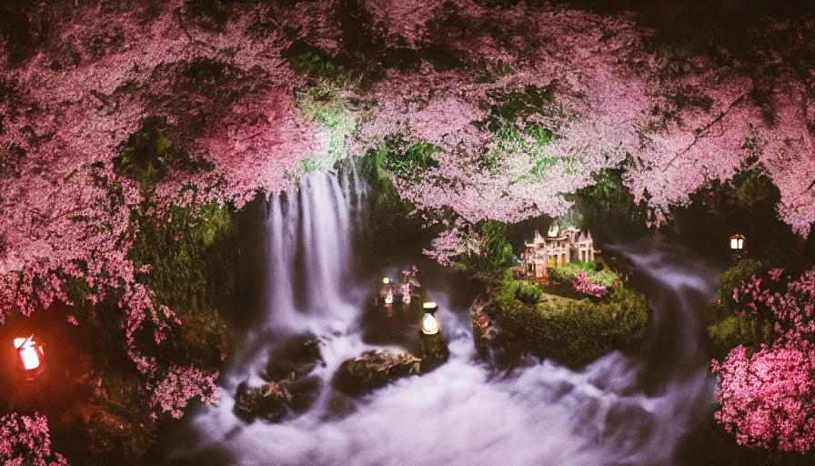 Prompt: a 35mm film still of a very surreal magical European castle with a cafe in a lush waterfall garden, falling cherry blossoms pedals, in the style of Gucci and Wes Anderson glowing lights and floating lanterns, foggy atmosphere, rainy, moody, muted colors, magic details, very detailed, 8k, cinematic look