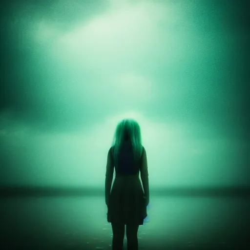 Prompt: in the style of Mikko Lagerstedt and Kelly McKernan, Chtulhu green eyes, Lovecraftian, ocean, night, storm, lighting