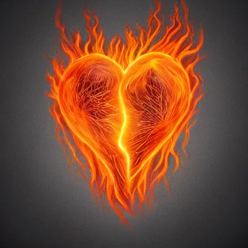 Prompt: heart in fire, digital art, beautiful, cute, sad,