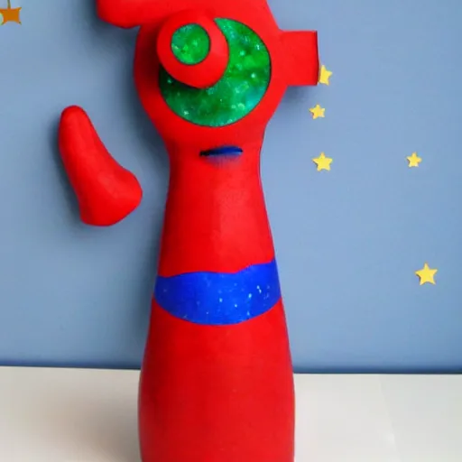 Prompt: Liminal space in outer space puppet!!!!!!, red puppet with green and blue galaxy background, (((sand art bottle)))
