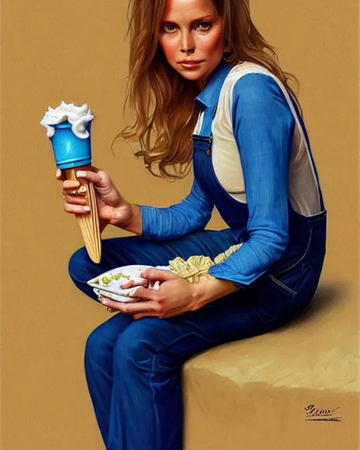 Image similar to portrait of a blonde fuller figured barbara bach from the bond film wearing blue dungarees and eating ice creams in porto, real life skin, intricate, elegant, highly detailed, artstation, concept art, smooth, sharp focus, art by artgerm and greg rutkowski and alphonse mucha