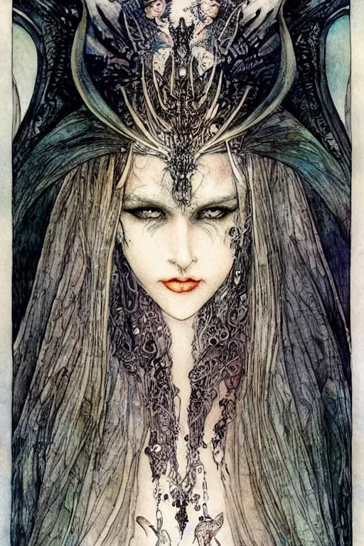 Prompt: dark fairy queen closeup face surrounded by bat wings, art by luis royo and walter crane and kay nielsen, watercolor illustration,