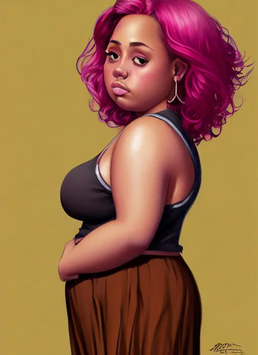 Image similar to full body portrait, teenage vanessa morgan, pink hair, brown skin, obese, curly pixie hair, sultry, realistic, short hair, hoop earrings, skirt, shirt, fat, belly, intricate, elegant, highly detailed, digital painting, artstation, concept art, smooth, sharp focus, illustration, art by wlop, mars ravelo and greg rutkowski