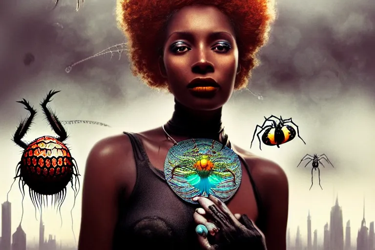 Image similar to realistic detailed photorealistic portrait movie shot of a beautiful black woman with a giant spider, dystopian city landscape background by denis villeneuve, amano, yves tanguy, alphonse mucha, ernst haeckel, david lynch, edward robert hughes, roger dean, cyber necklace, rich moody colours, cyber patterns, wide angle