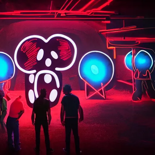 Prompt: a group of people standing around a giant bloody wounded head of mickey mouse, neon netflix logo, cyberpunk art by david lachapelle, cgsociety, sots art, dystopian art, reimagined by industrial light and magic, dark obscure neon concept art