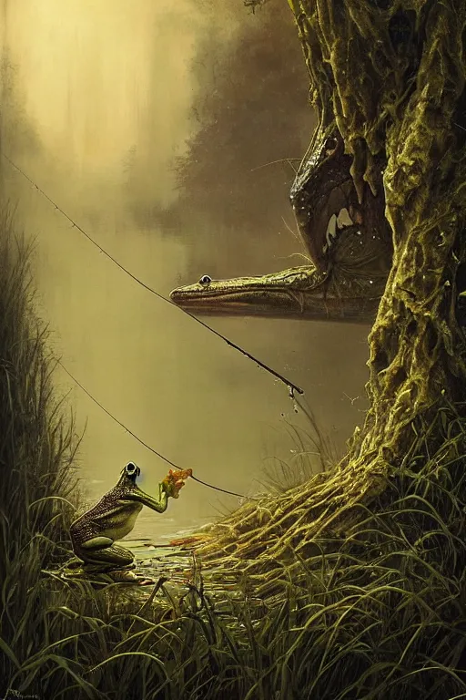 Image similar to frog fishing with a fishing pole by the water by anna podedworna, ayami kojima, greg rutkowski, giger, maxim verehin