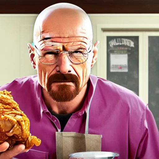 Image similar to Walter White eating fried chicken with pink sauce