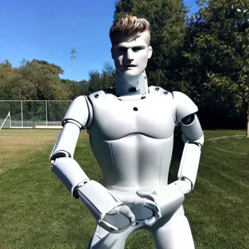 Image similar to a realistic detailed photo of a guy who is an attractive humanoid who is half robot and half humanoid, who is a male android, soccer player timo werner, shiny skin, posing like a statue, blank stare, by the pool, on display, showing off his muscles, humanoid robot, frozen ice statue, made of ice