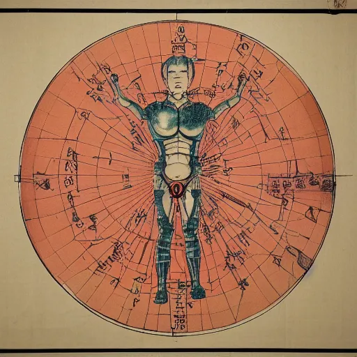 Image similar to a brilliantly colored Japanese scroll of an exploded diagram of a detailed engineering schematic of a cyborg samurai made by an AI in the pose vitruvian man in the style of jean giraud , post-processing , award winning, photo realistic, aged blood stains