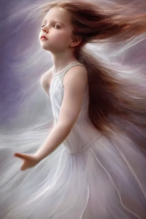 Prompt: very beautiful little girl dancing in the wind, ultradetailed, beautiful face, ethereal, bride, beautiful wedding dress, gorgeous, volumetric lighting, elegant, digital painting, concept art, illustration, limited color palette, atmosphere and tension, art by greg olsen and liz lemon swindle