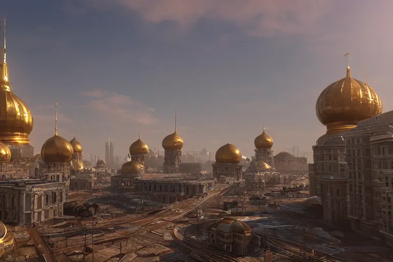 Prompt: dystopian russian cityscapes, golden domes, 8k, hyperrealistic, ultra sharp, octane render, unreal engine, light breaks through the roofs, artstation, very detailed, 16k, cinematic scenery,