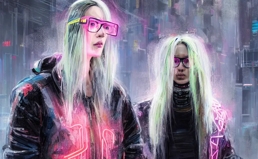 Prompt: detailed portrait neon guard girl with glasses long straight blonde hair seen from the back, cyberpunk futuristic, reflective puffer jacket, black leggings, decorated with traditional ornaments in front of a dystopian crowd with piles of garbage by ismail inceoglu dragan bibin hans thoma, perfect face, fine details, realistic shaded, fine - face, pretty face