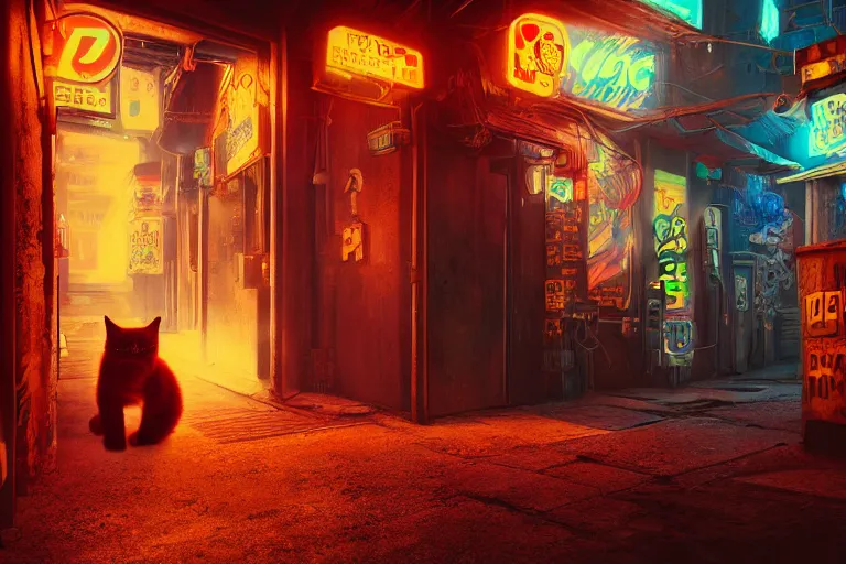 Image similar to ginger cat in the alley, neon lighting, rendered in unreal engine, trending on artstation, cyberpunk