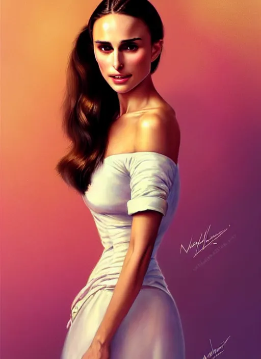 Prompt: Nathalie Portman as a glamorous and sexy nurse in blouse, beautiful, pearlescent skin, natural beauty, seductive eyes and face, elegant girl, natural beauty, very detailed face, seductive lady, full body portrait, natural lights, photorealism, summer vibrancy, cinematic, a portrait by artgerm, rossdraws, Norman Rockwell, magali villeneuve, Gil Elvgren, Alberto Vargas, Earl Moran, Enoch Bolles