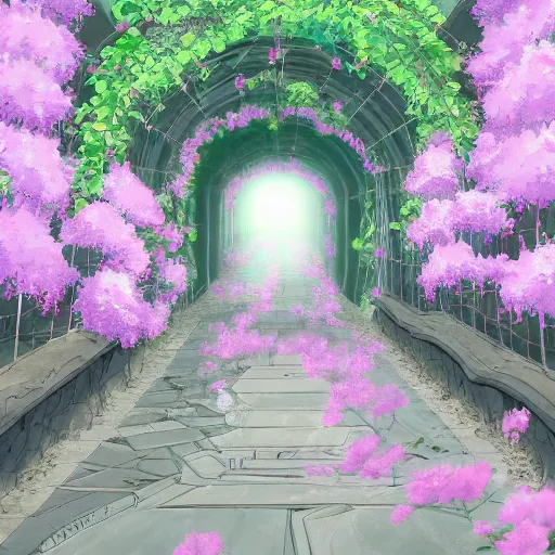 Image similar to a christian cross as the light is shining at the end of the tunnel, paradise outside of the tunnel, with pale purple and pale pink lighting, cute, aesthetic, anime, with a few vines and overgrowth, studio ghibli, cinematic, painting, high definition, digital art, symmetrical, very detailed, extremely high detail, photo realistic, concept art, unreal engine 5,