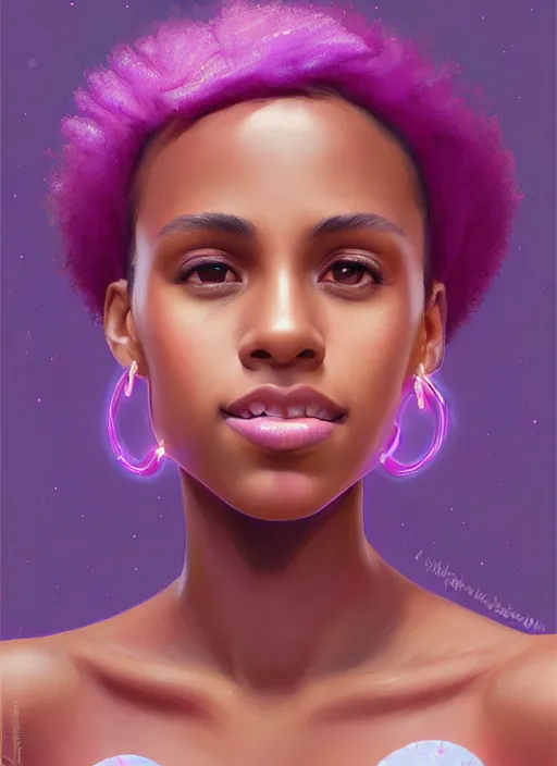 Image similar to portrait of vanessa morgan, black teenage girl, pink hair, wavy pixie haircut, purple newsboy cap, hoop earrings, subtle confident smile, intricate, elegant, glowing lights, highly detailed, digital painting, artstation, concept art, sharp focus, illustration, art by wlop, mars ravelo and greg rutkowski