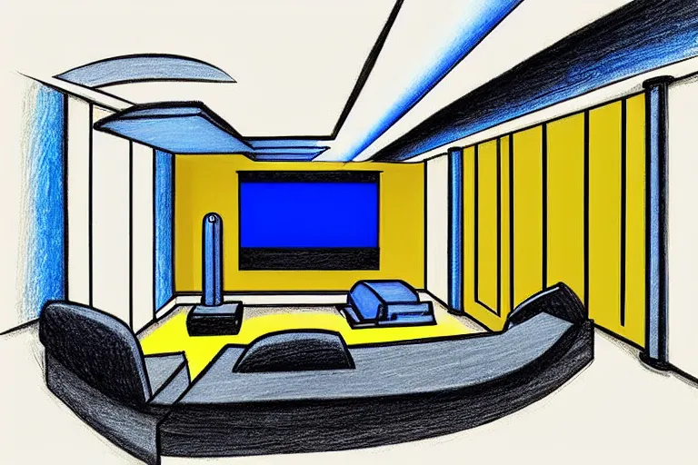 Prompt: a modern home movie theater, sleek, comfortable, stylish decor, designed by martyn lawrence bullard, color pencil sketch illustration