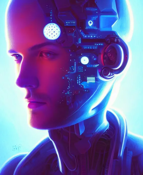 Image similar to a whirlwind inside the metaverse, guy, male, man, science, machine face, futuristic, hologram, half body, neurochip, android, cyberpunk face, by loish, d & d, fantasy, intricate, elegant, highly detailed, colorful, digital painting, artstation, concept art, art by artgerm and greg rutkowski and alphonse mucha