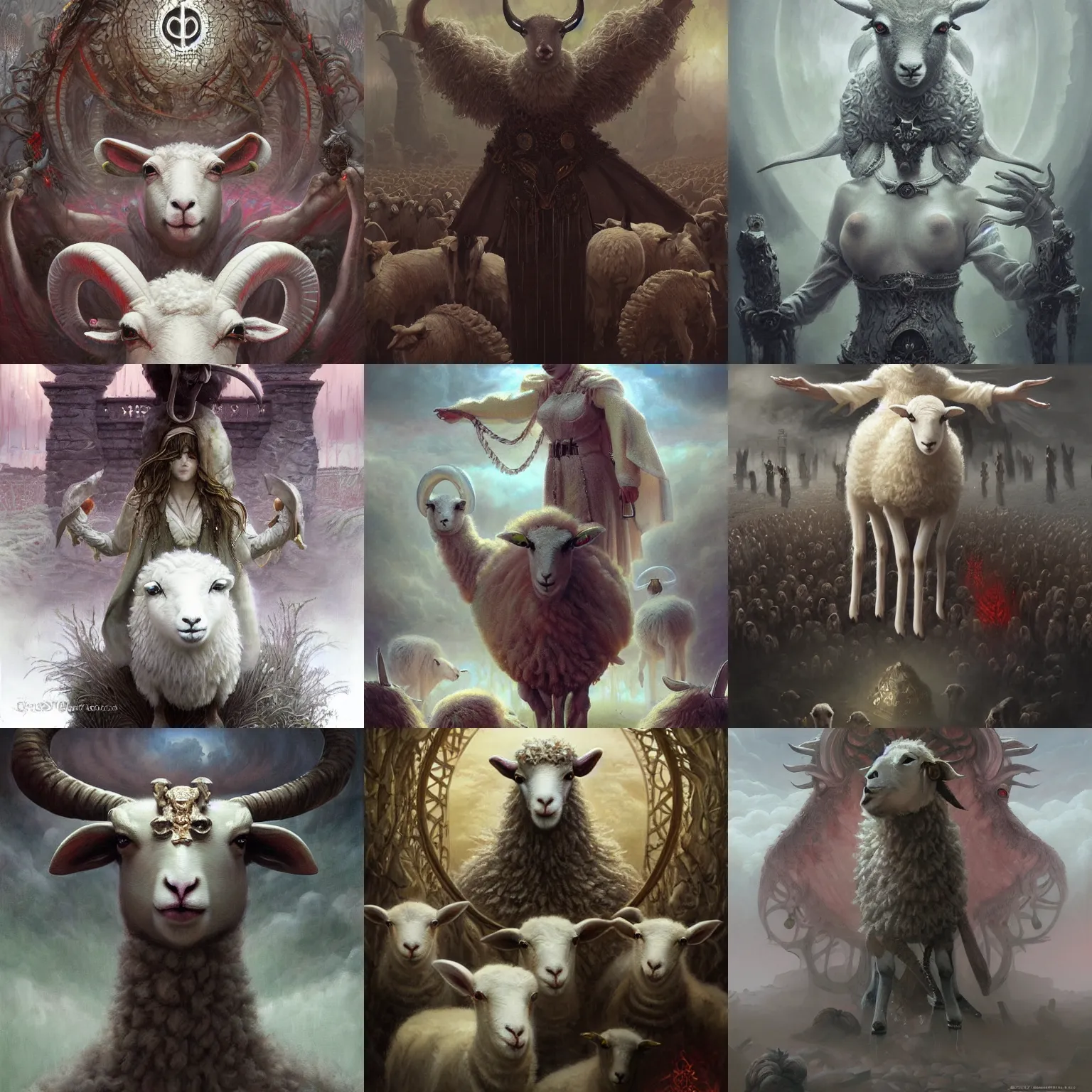 Prompt: satanic cult of the sheep lamb, highly detailed, digital painting, artstation, concept art, smooth, sharp focus, illustration, artstation, art by giger and greg rutkowski and hikari shimoda and edmund blair leighton and charlie bowater, painted warhammer miniature