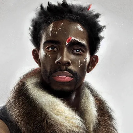 Image similar to portrait painting of a beautiful black man with cut scars and cropped hair wearing a tattered fur coat, ultra realistic, concept art, intricate details, eerie, highly detailed, photorealistic, octane render, 8 k, unreal engine. art by artgerm and greg rutkowski and charlie bowater and magali villeneuve and alphonse mucha