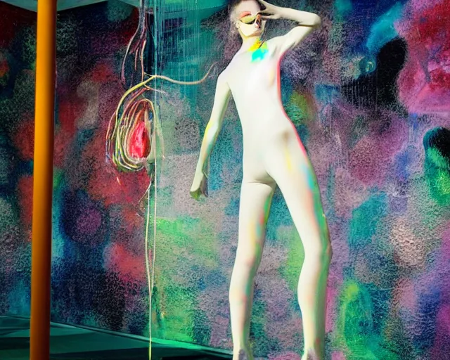 Image similar to a transforming model wearing futuristic bodysuit doing poses on a rotating platform in a photography studio surrounded by lights by james jean and luc tuymans and beeple and hernan bas and pat steir and hilma af klint, psychological, 3 d, dripping paint, high quality render, masterpiece