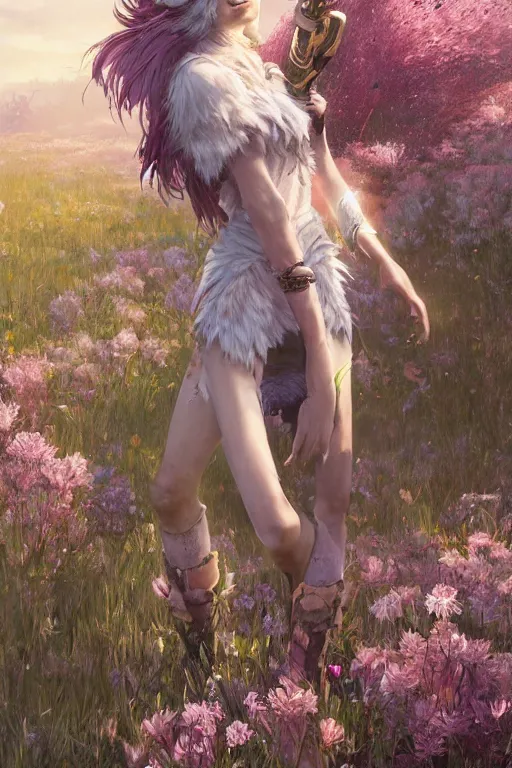 Image similar to A high fantasy wolf girl standing in the middle of the field of flowers by Eddie Mendoza face close up official media beautiful detailed high quality