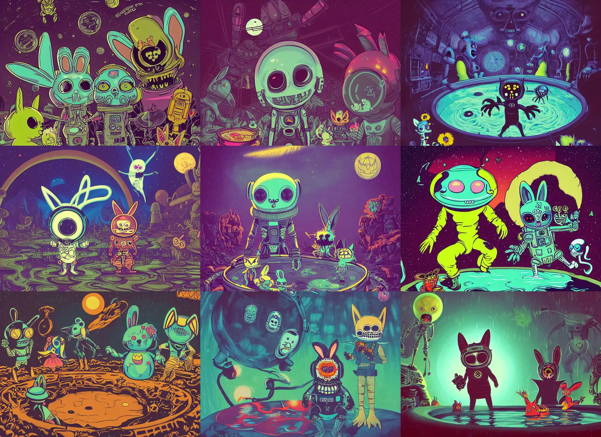 Prompt: an evil alien astronaut, stalks a cute fluffy dia de los muertos bunny and his friend the cunning coyote that gleefully dance in a pool of water. dark dance photography, intricate detailed 8 k environment, gary baseman, preston blair, tex avery, dan mumford, pedro correa, high times magazine aesthetic