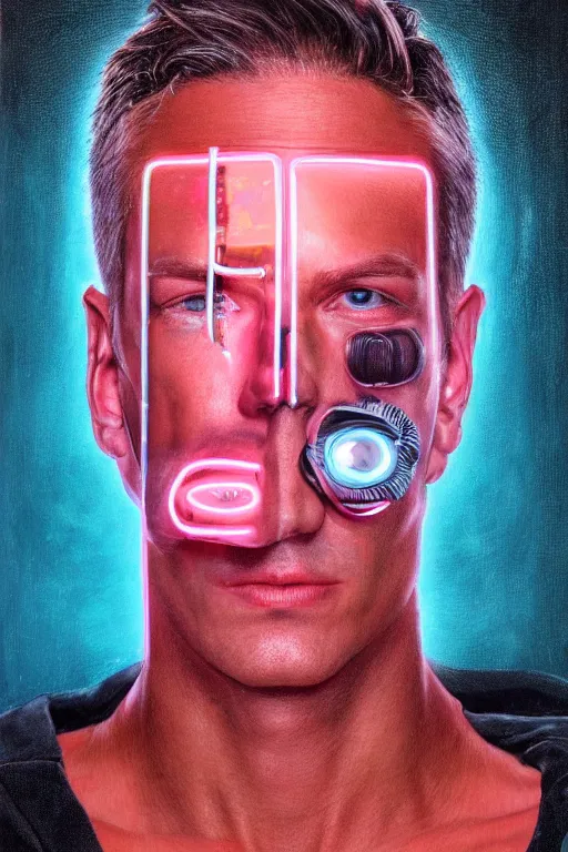 Image similar to detailed portrait of a cyberpunk male with face augmentations, strong neon lighting, raining, mysterious, mirror shades, by glenn fabry, hyper realistic, HD, oil on canvas