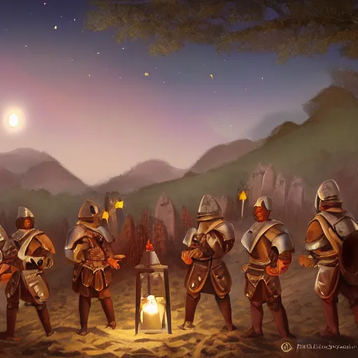 Image similar to A group of armoured Spanish conquistadors holding lanterns on a sandy beach Cove in middle of a magical forest in a dark night. Inca ruins in the background. Pale crescent moon in the sky. detailed digital painting, artstation