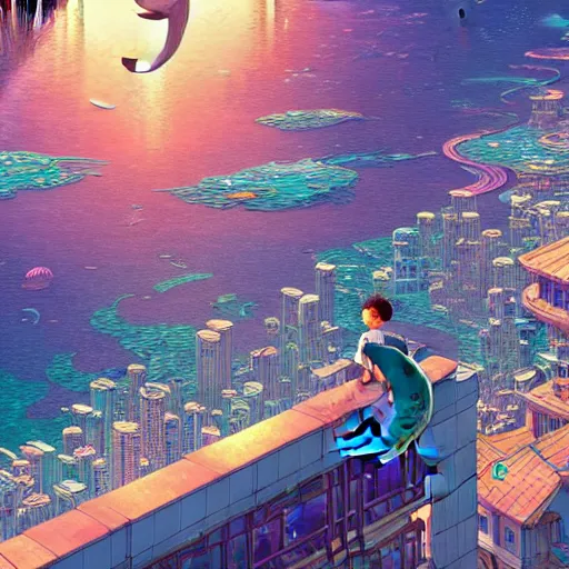 Prompt: a beautiful hyperdetailed character design 4 k wallpaper illustration of a cute dolphin, city by the sea, victo ngai cyberpunk style, from china, style of studio ghibli, makoto shinkai, raphael lacoste, louis comfort tiffany, artgerm, james jean, ross tran, chinese style