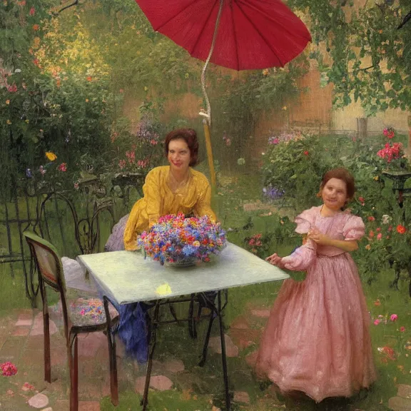 Prompt: a housewife and her daughter putting dishes on a table in the backyard, a tilted parasol sits above the table, a garden with colorful flowers in the background, rainy scene, cozy 1 9 5 0's, medium symmetry, by ilya repin, by greg rutkowski, extreme detail, 8 k, intricate abstract, photorealistic