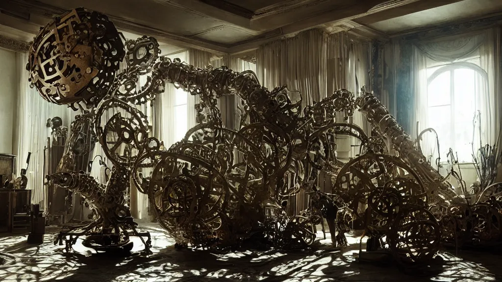 Image similar to a giant hand made of metal and cogs floats through the living room, film still from the movie directed by Denis Villeneuve with art direction by Salvador Dalí, wide lens