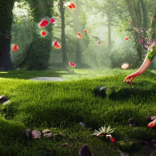 Image similar to Photorealistic person made out of slime and poo rising from the ground, summer, lush flora all around, DAZ, cgsociety, octane render