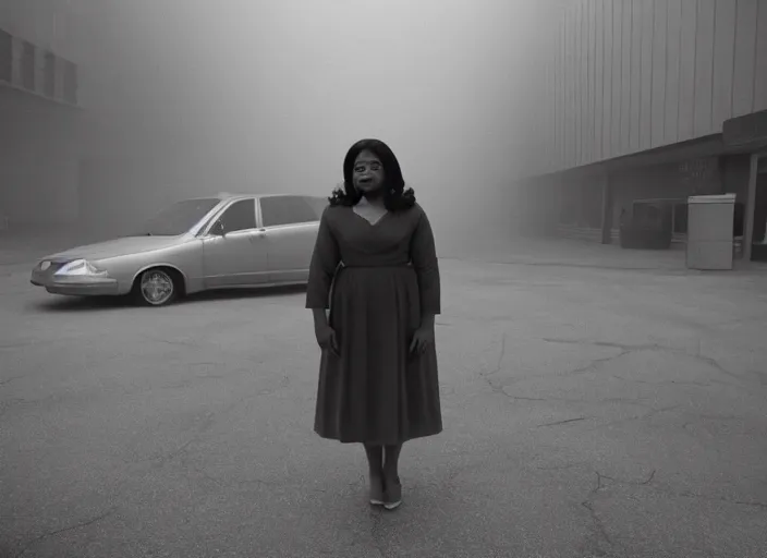 Prompt: cinematic screenshot high angle wide shot of octavia spencer outside a foggy abandoned department store empty parking lot, one car, paranoia everywhere, screenshot from the tense thriller film ( 2 0 0 1 ) directed by spike jonze, volumetric hazy lighting, moody cinematography, 3 5 mm kodak color stock, 2 4 mm lens