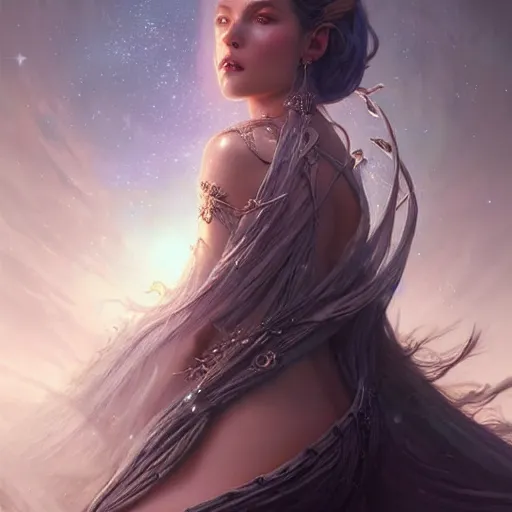 Image similar to star goddess, fine art, awesome fantasy book cover on pinterest, award winning, dark fantasy landscape, fantasy magic, intricate, elegant, sharp focus, cinematic lighting, highly detailed, digital painting, 8 k concept art, art by wlop and artgerm and greg rutkowski, masterpiece, trending on artstation, 8 k