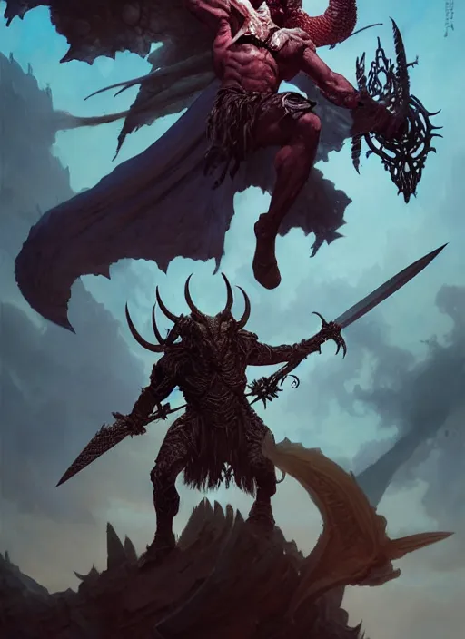 Image similar to a male horned demon fighter with a huge sword and wings, dim light, front game card, marvel comics, dark, intricate, highly detailed, smooth, artstation, digital illustration by ruan jia and mandy jurgens and artgerm and wayne barlowe and greg rutkowski and zdislav beksinski