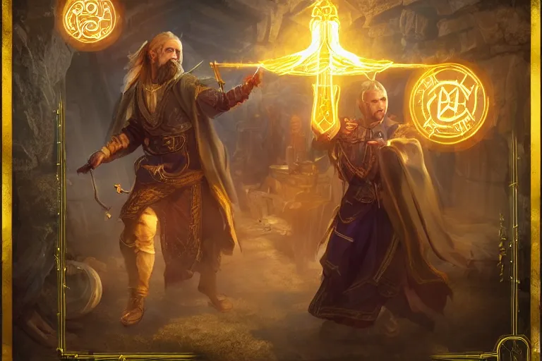 Image similar to A skilled sorcerer in their study, drawing glowing magic runic symbols in the air, enchanting objects with glyph magic, D&D fantasy setting, 4k