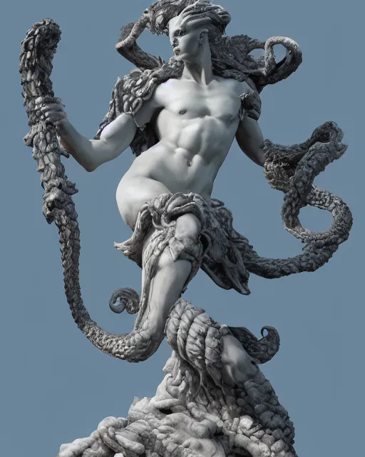 Image similar to an old marble statue of a hydra from herculean myths, hyper realistic, 4 k, grainy marble, hyper detailed