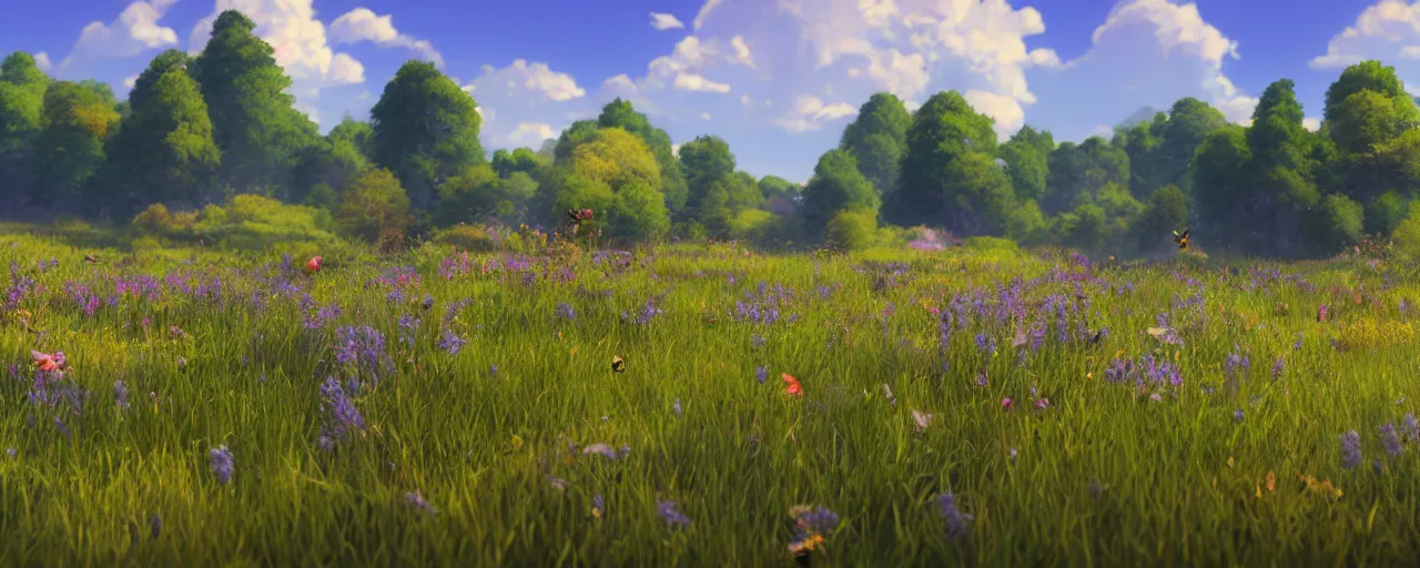 Image similar to a beautiful meadow landscape with large detailed bees flying, flowers, happy trees, photorealistic, octane render, rtx, hdr, unreal engine, digital art widescreen 8 k in the style of studio ghibli and bob ross