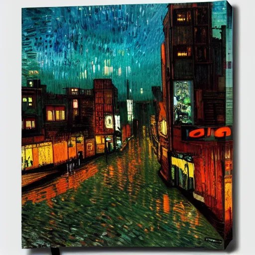 Prompt: a cyberpunk painting of a cityscape by Van Gogh