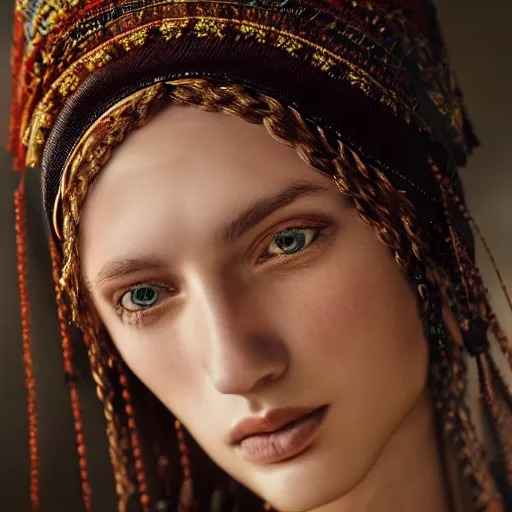 Image similar to portrait of a stunningly beautiful eastern european tribal female, depth of field, zeiss lens, detailed, symmetrical, centered, fashionc photoshoot, by Annie Leibovitz and Steve McCurry, David Lazar, Jimmy Nelsson, Breathtaking, 8k resolution, extremely detailed, beautiful, establishing shot, artistic, hyperrealistic, beautiful face, octane render