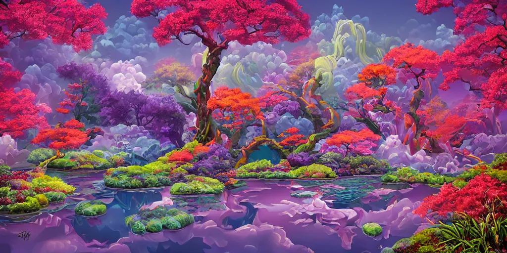 Prompt: vivid an explosion the lost society japanese garden floral display, verdant topiary, pastiche by Michael Whelan, pastiche by Cyril Rolando, pastiche by Peter Morbacher Precise and Intricate Linework, Art Nouveau Cosmic 4k Detailed Matte Illustration trending on Pixiv ,CGSociety, Cherry Blossom Pink and Orange color scheme