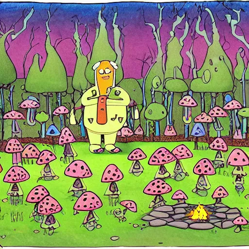 Prompt: little mushroom people with limbs and smiley faces dancing in the middle of the woods. cartoon. adventure time. midnight gospel. created by duncan trussell. children's book illustration. painted with watercolor. highly detailed. dancing by campfire. woods. clearing. mushroom people dancing in a circle. fairy garden circle.