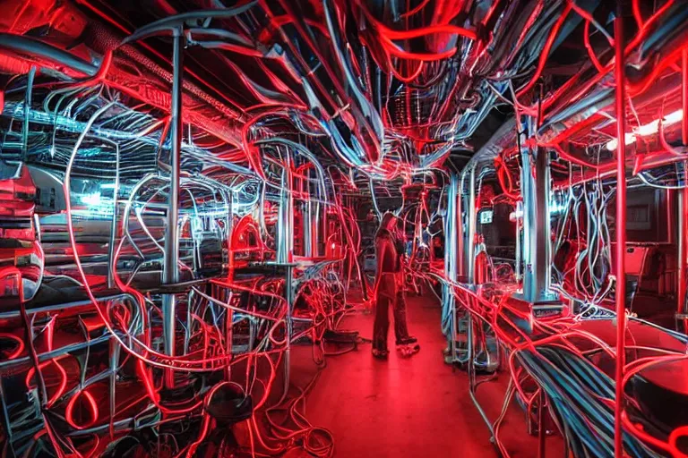 Image similar to dark sci - fi lab full of glowing tubes containing humans in red liquid, cables and wires, led lights, dark, moody ominous