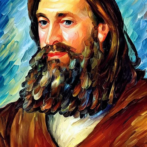 Image similar to portrait of a middle aged medieval nobleman with a long face, long brown hair and a closely - trimmed beard which is beginning to go grey. by leonid afremov